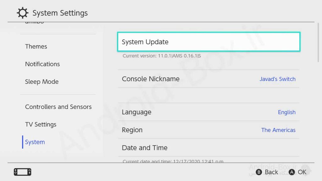 Nintendo Switch System Update Menu