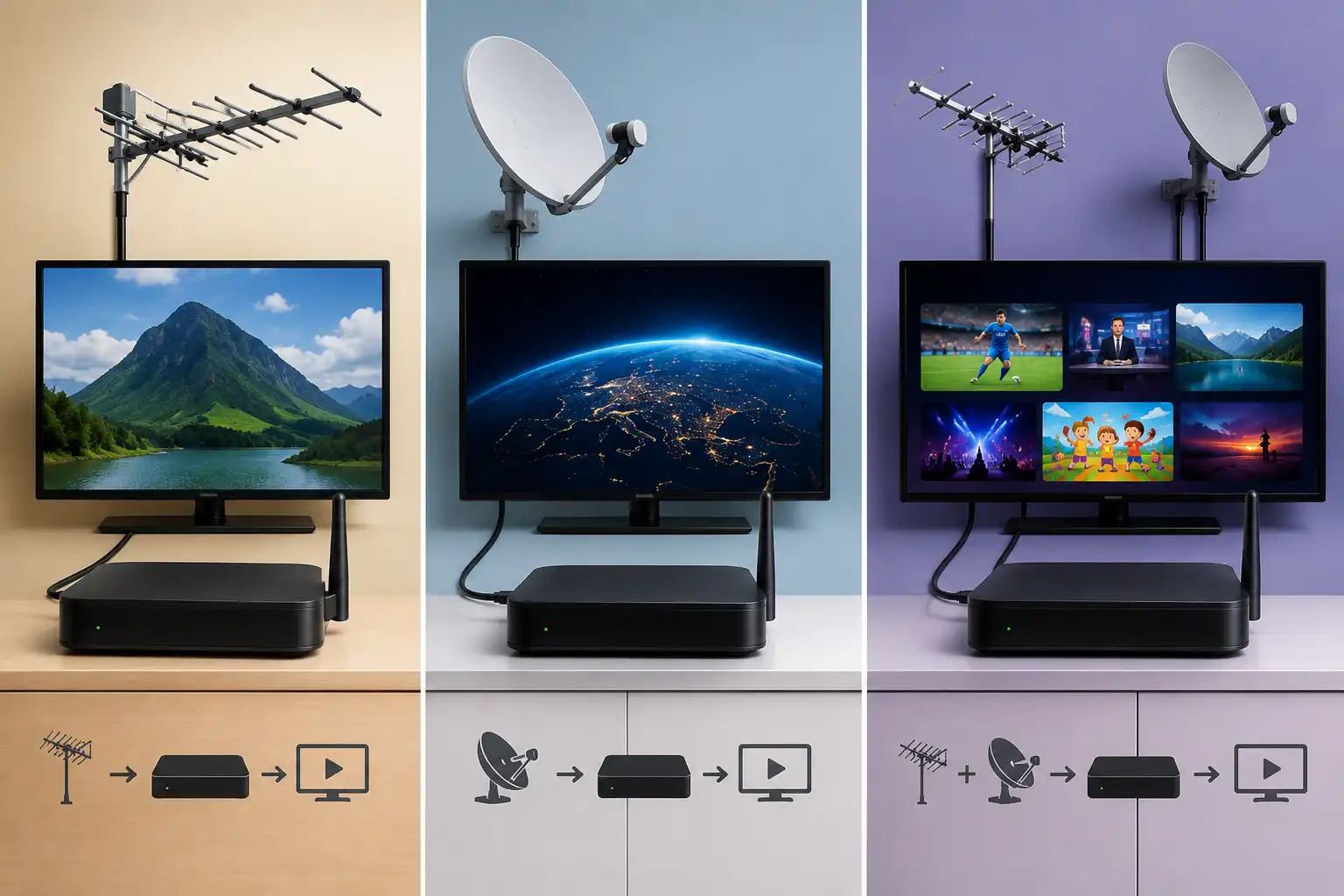 انواع اندروید باکس هیبریدی با گیرنده DVB-T2، DVB-S2 و Combo