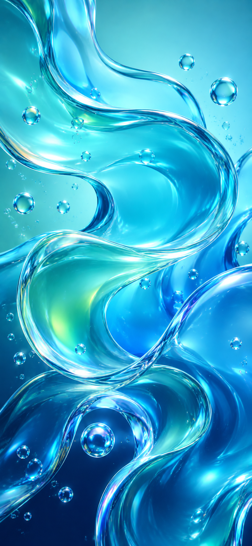 والپیپر Liquid Glass آبی و فیروزه‌ای برای آیفون 17 با حباب‌های شیشه‌ای سه‌بعدی