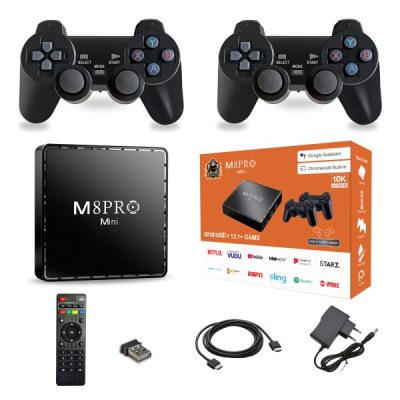اندروید باکس M8 PRO MINI با دو دسته بازی، ریموت و کابل HDMI